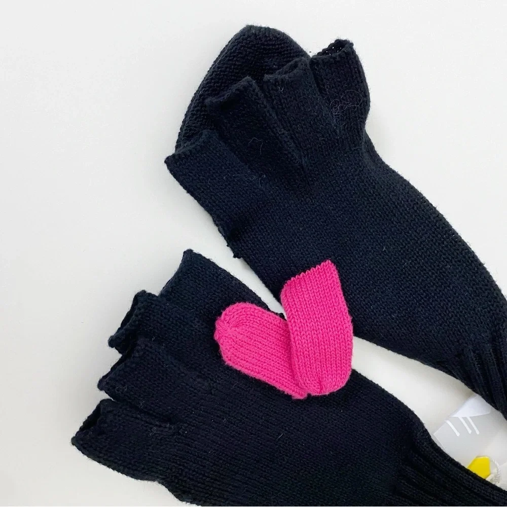 Kerri Rosenthal Heart Mittens Black & Pink Convertible Cotton Cashmere Blend